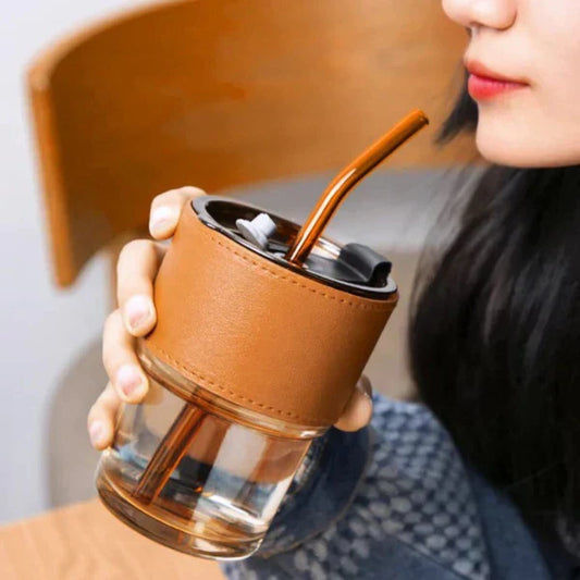 Coffee Cup Glass Mug With Lid And Straw